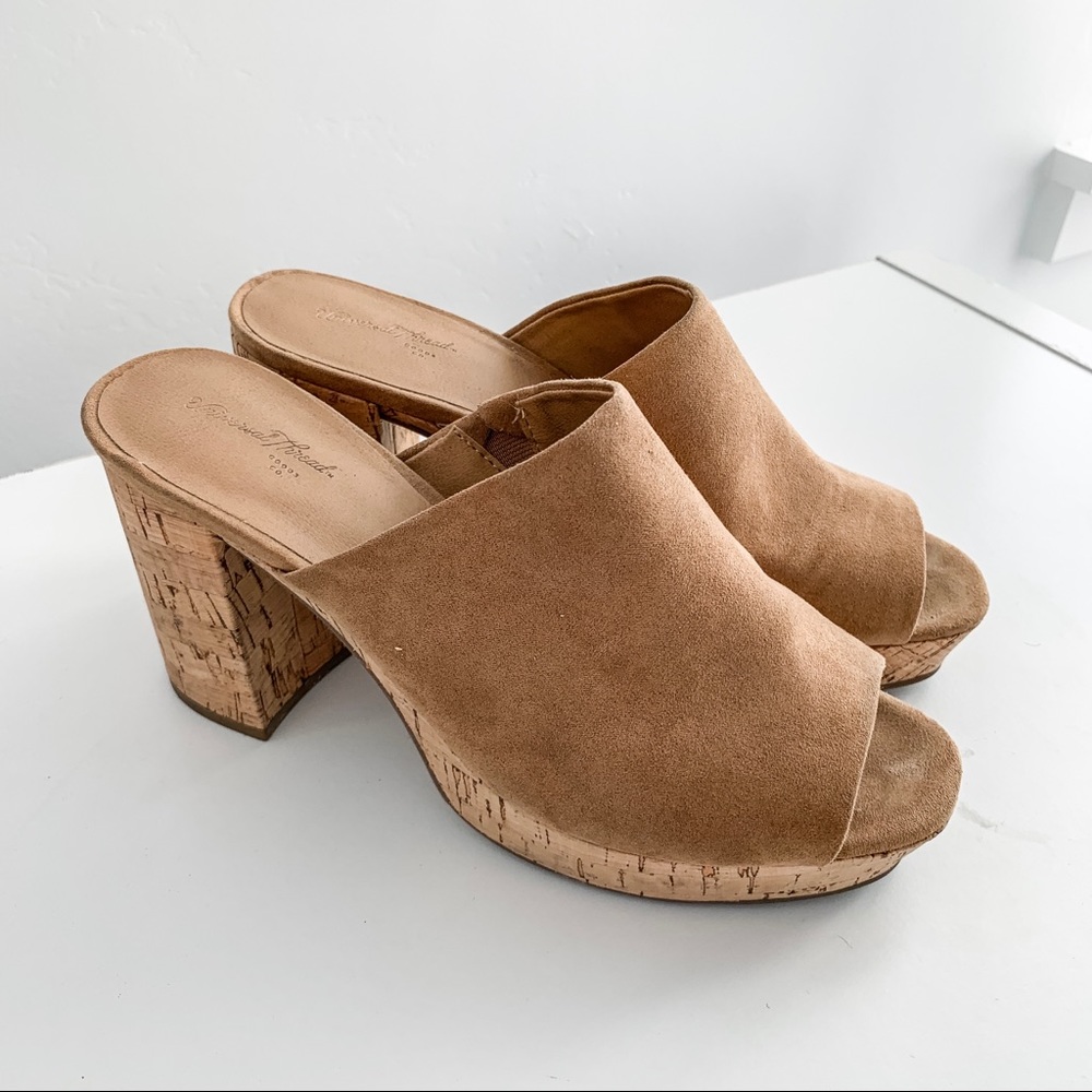 Camel color cork heeled slides